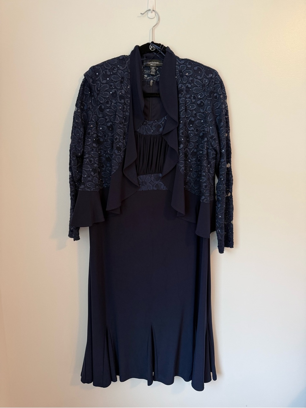 Elegant Navy Blue Women's Dress with Lace Jacket